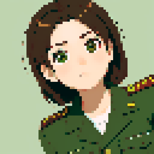combat green uniform, army, cute girl, brown hair, brown eyes, transparent background, game icon, upper body close-up, centered composition, clean and detailed