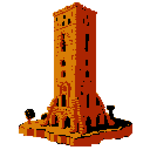 2d Red clay tower in an ancient english style. Old and crumbling but still upright. Usable as an asset (clear, thick lines and a white background). Put a black stroke around the composition