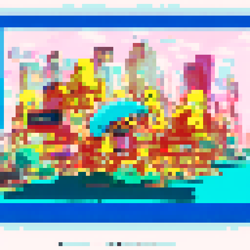 Yellow-skinned Simpsons characters wearing anime-inspired clothing, standing in front of a neon-lit cityscape with giant robot mechs towering behind them