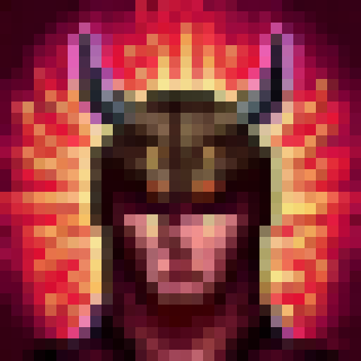 Fierce, horned helmeted viking wielding a double-headed electric guitar in front of a blood red sky, featuring pixelated skill art reminiscent of 32x32 video game graphics.