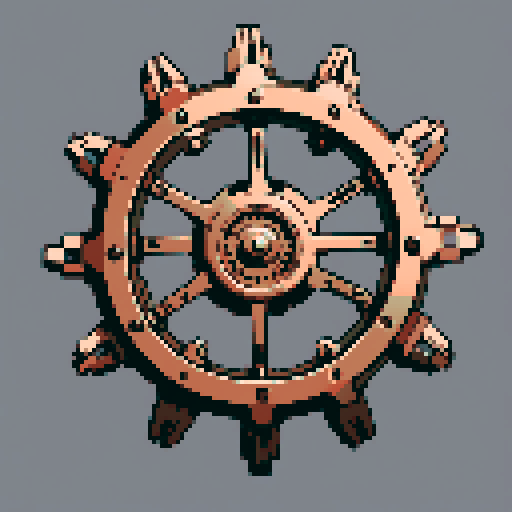 I want a copper gear that looks like it was made by a master clockmaker. It should have strange mechanical details that could interlock with each other. I also want this object usable an asset in a videogame, meaning only one object per image, outlined with a strong black stroke, on a solid-color background.