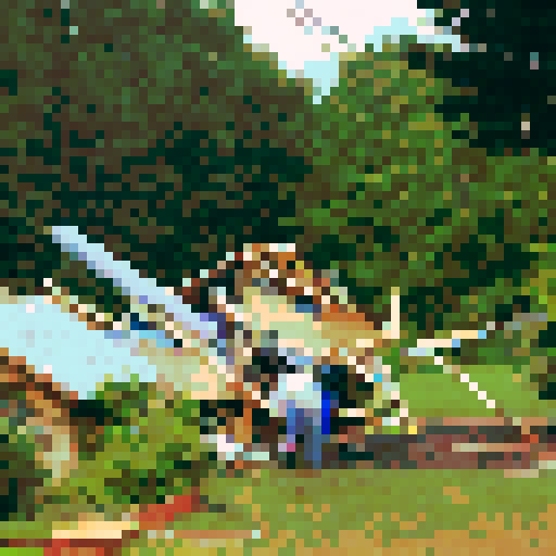 A cartoon of a group of people trying to build a house, but the structure is all crooked and falling apart. One person is holding the blueprints upside down, another is hammering nails into thin air, and another is trying to saw a board with a hammer. In the background, there are piles of wood and tools scattered everywhere. Above the group, write "Our Team at Work!" in big letters.