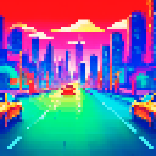 bmw cars, pixelated, vibrant colors, retro video game style, sRGB, pixel art, detailed shading, urban cityscape, futuristic skyscrapers, bustling streets, neon lights, busy traffic, sleek designs, speed and motion, dynamic angles, geometric shapes, low-poly architecture, vibrant backgrounds, energetic atmosphere, high contrast, sharp edges, digital aesthetics, futuristic technology