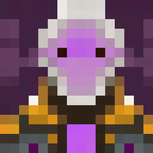 Pixel art close-up portrait of a purple-robed figure with intricate embroidery, holding a glowing crystal ball, against a game icon backdrop of a mystical forest with vibrant flora and fauna.