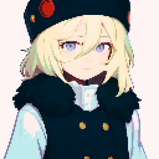 Solo male with perfect anatomy, straight-on, inframe, facing viewer, with round pupils, light blonde hair between eyes, wearing an ushanka hat with a black fur collar, a black vest, puffy sleeves, and black elbow gloves, his round eyes and pink eyes looking at the viewer, smile, giving off a sadistic vibe, in a pixel art style with sRGB colors, half closed eyes, by pekeko (pepekekeko)