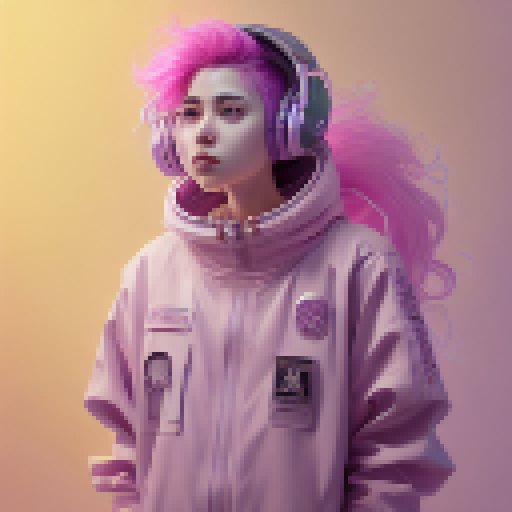 Anime girl with bubblegum pink hair and oversized headphones, dancing in a neon-lit room filled with floating holographic flowers and geometric shapes.