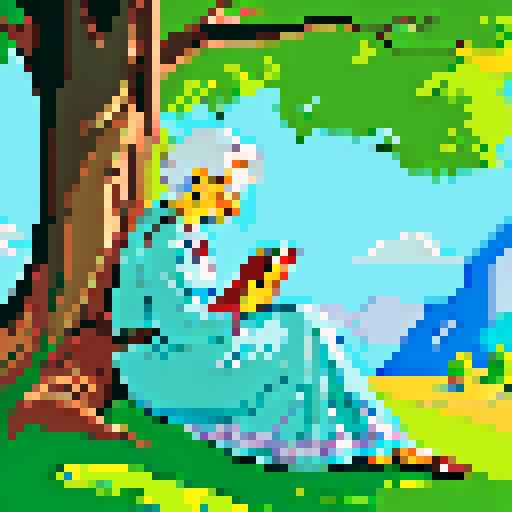 An old lady sitting under a tree, sleeping with a book in hand. She has one long silver braid. The image should be a profile showing her whole body from the side view.