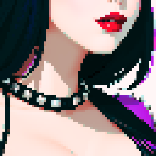 curvy, busty goth, cute goth woman's face, black hair, purple eyeshadow, red lipstick, studded leather string bikini, face portrait, beauty photo, vibrant sRGB colors, pixel art