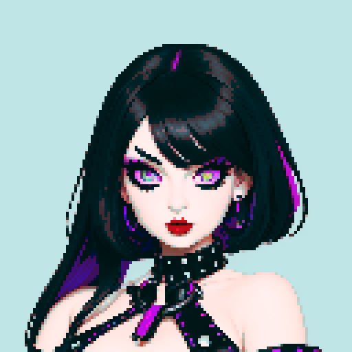 curvy, cute busty goth girl's face, whole head portrait, black hair, purple eyeshadow, red lipstick, low cut black studded leather halter top, studded collar, vibrant sRGB colors, edgy aesthetic. 