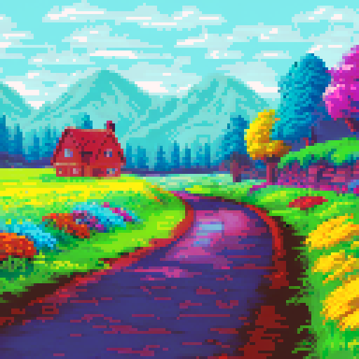 cute, colorful cottage nestled amidst a vibrant field of wildflowers, pixelated in sRGB, showcasing a picturesque landscape with a charming background