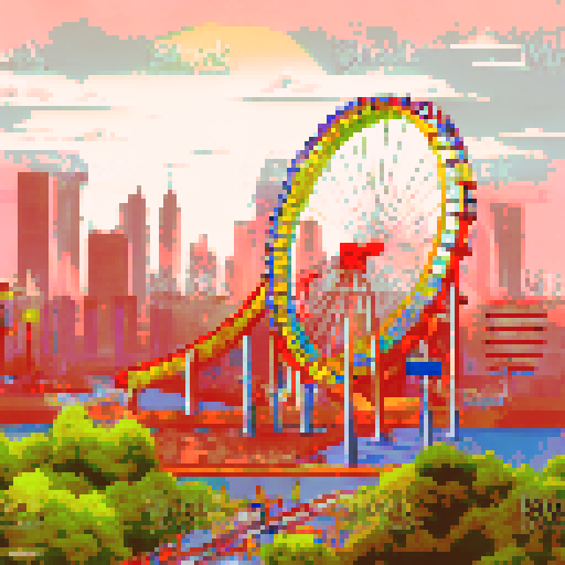 wide shot amusement park, towering roller coaster, vibrant colors, nostalgic pixel art style, detailed background, bustling crowd, joyful atmosphere, whimsical landscape