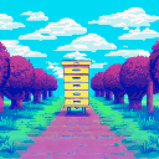 a beekeeper tending his hives in a apiary surrounded by hives. the english country side is in the background. blue sky. clouds