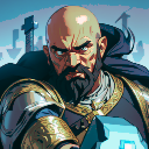 bald, bearded dwarf cleric with a golden hammer, ornate silver armor, surrounded by glowing blue runes, pixelated sRGB pixel art style