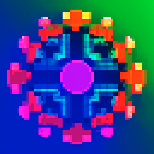 TSMC 7nm process circular wafer, vibrant colors, intricate patterns, retro video game vibes, low resolution, blocky pixels, glowing edges, vivid hues, 8-bit aesthetic, digital art style, symmetrical design