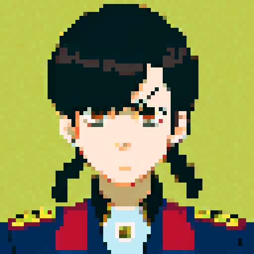Minister of Defense, 55-years old, close-up, anime style, pixel art, serious expression, graying hair, piercing eyes, military uniform, confident stance, 