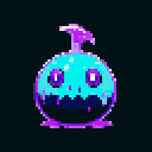 A dangerous slime with a toxic purple hue, emitting a faint glow. It has sharp, sinister eyes and a menacing expression, with toxic bubbles inside. No background.
