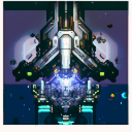 topdown view, sleek and slim space battleship, two prominent main guns, large pixel art board