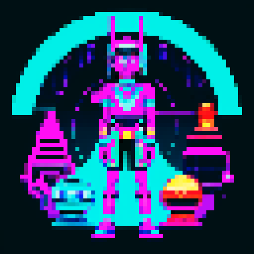 Alien character with a futurisic headdress, glowing eyes, and hieroglyphic tattoos, holding a raygun, standing in a vibrant galaxy filled with colorful planets and stars, surrounded by futuristic UFOs and ancient Egyptian and Sumerian inspired architecture, invading earth, loveing bitcoin very very much, all depicted in high quality pixel art using the retro sRGB color palette, retrowave style, showcasing intricate details and bold, stylized compositions, perfect for a profile picture