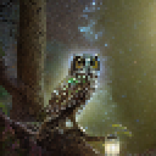 Half-owl, half-man, perched atop a towering tree branch, his iridescent feathers shimmering in the moonlight as he gazes down upon the mystical forest below, filled with glowing mushrooms, fireflies, and twisted vines.