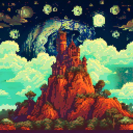 Starry night sky with bright shooting stars, towering mountains in the distance, a calm lake reflecting the night sky, all in a pixel art style with a dark sRGB background