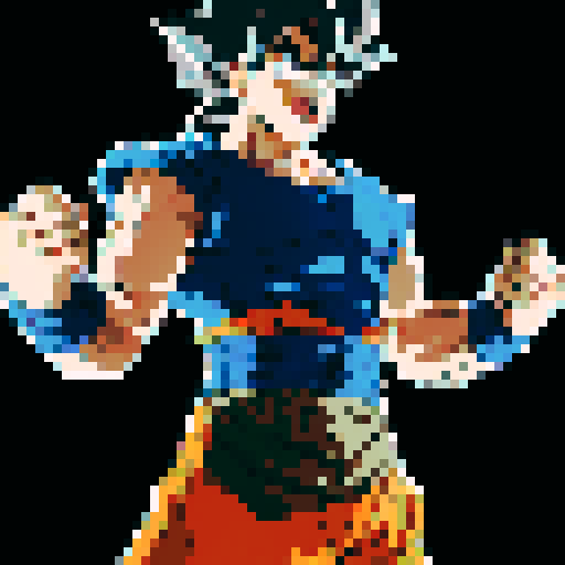 Create a 60x60 pixel art of Goku, with accurate features: spiky hair, orange and blue suit. It should mimic the anime’s style, resembling classic 8-bit video game art and be highly recognizable. Make it as detailed as you can to fit withing 60 pixels by 60 pixels should look like snes graphics.