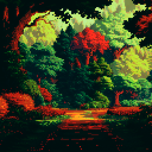 tall, towering, majestic trees, vibrant colors, dense foliage, pixelated leaves, sRGB palette, intricate branches, serene background, sprawling landscape