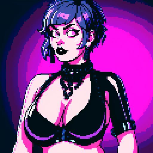 curvy, busty goth babe with studded collar. Nude big titty goth, in a close up nude glamour shot. Neon lighting, modern tile backsplash.