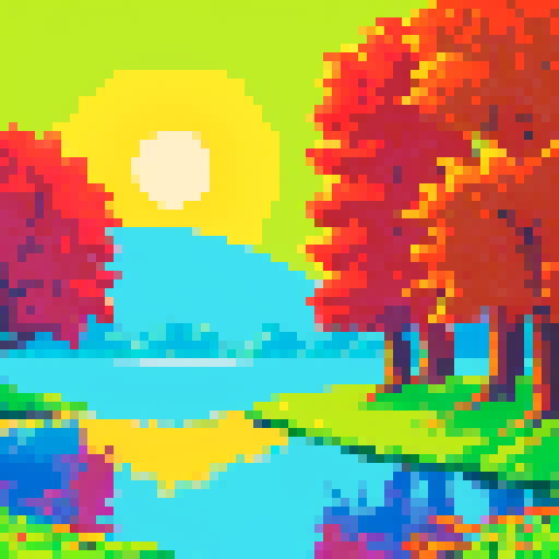 A serene landscape of trees and water, and a sunrise with the sun clearly visible in the middle. Bright scene. Foliage and flowers in the forefront. use of simple primary colors of red blue yellow and green. high saturation