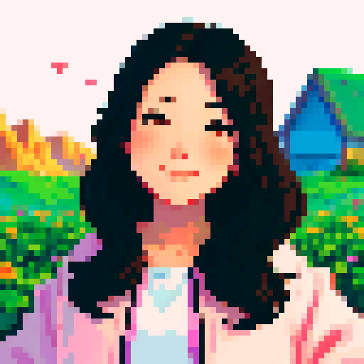 stardew valley-inspired, woman, asian, pixel art, sRGB, vibrant colors, rustic backdrop, dark hair, glowing skin, gentle smile, rosy cheeks