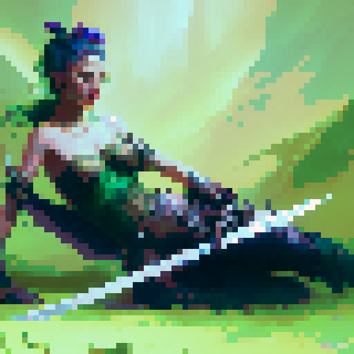 female warrior, vibrant green hair with braids, large sword, fantasy RPG