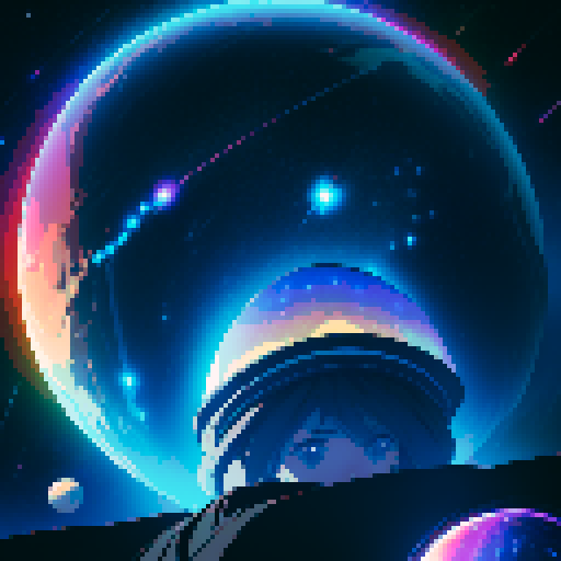 Starry space background, pixel art, glowing stars, retro-inspired, twinkling constellations, illuminated planets, cosmic hues, immersive depth, landscape with a computer terminal displaying "Stardust Reflections" and the main character's reflection on the screen