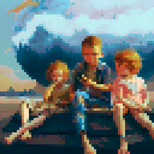 Children sitting in front of a beach at sunset