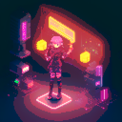 cyberpunk anime girl, fluorescent tattoos, glowing staff, neon-lit night market, bustling crowds, pixel art