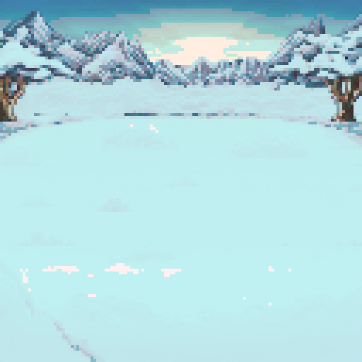 Snow-covered plains framed by leafless, barren trees under a cold, twilight sky. Rugged, snow-capped mountains rise in the distance, with a soft glow of a setting sun on the horizon. The scene is dominated by icy whites and muted blues, with faint shadows creating a chilly and tranquil atmosphere.