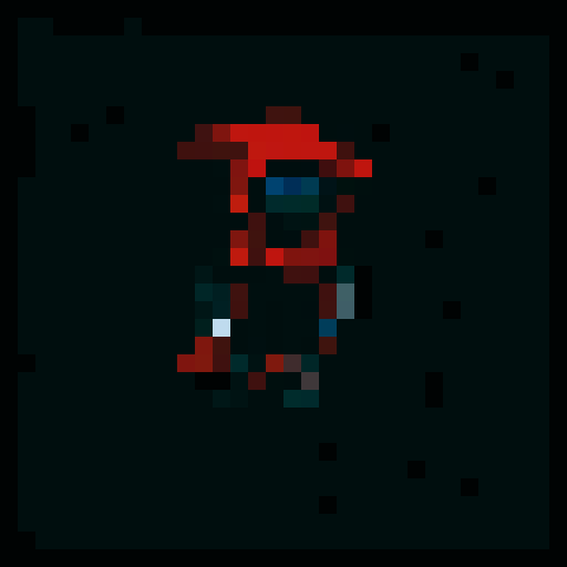 Read cloaked mage with hidden face and dark eyes. body, hands and legs are black