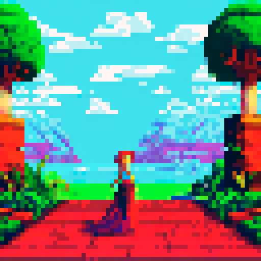 Huge breasts spill over tight crop top as flushed woman leans against pixelated brick wall, Lewd man behind with his massive member out, surrounded by vibrant sRGB landscape in pixel art style