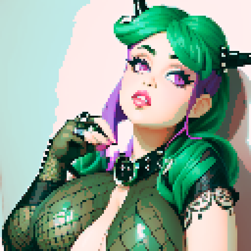thicc, curvy, seductive busty goth babe with studded collar, long purple hair in buns, fishnet stockings, orgasmic aroused nude big titty goth in a nude sexy pose, pixel art, sRGB
