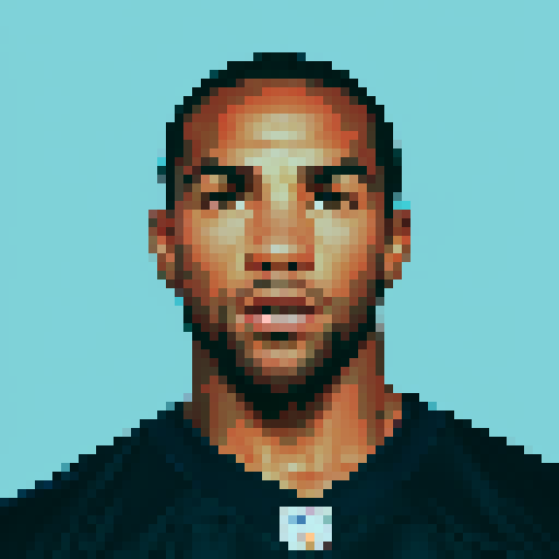 Pro NFL Football player, retro pixel art, sRGB, vibrant colors, dynamic pose, helmet, shoulder pads, jersey, muscular physique, intense expression, football field, stadium lights, sweat droplets, action-packed, energy, determination, iconic player