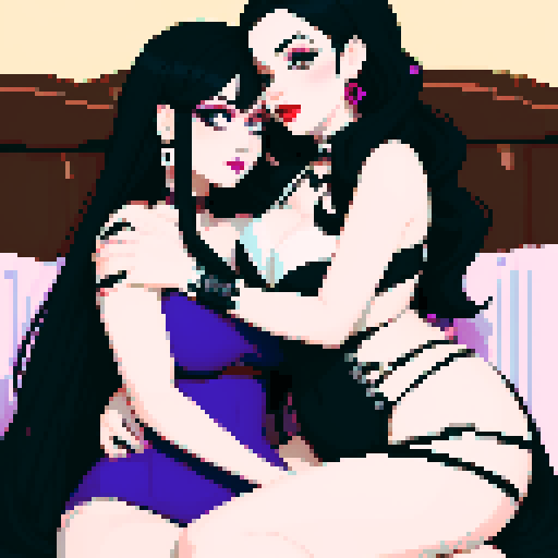 curvy, cute goth girls with black hair, purple eyeshadow, and red lipstick, in love, kissing, embracing each other, pixel art style, sRGB