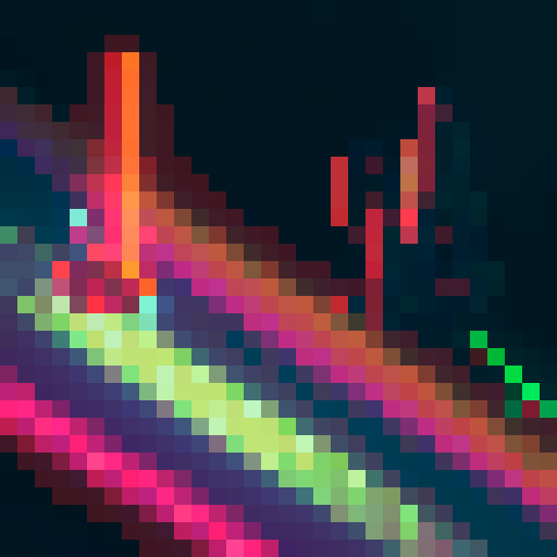 Spaceship sprite soaring through a neon-lit asteroid field, its thrusters blazing with a rainbow glow, as sparks of electricity crackle across its pixelated hull