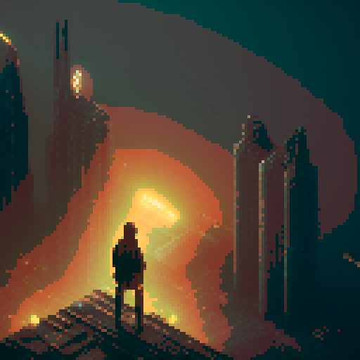 Sniper perched on Blade Runner-esque rooftop in post-apocalyptic world, pixelated skyline in background with muted sRGB colors.