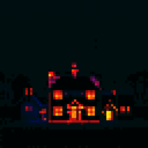 a neighborhood at night, a mysteriously glitched, out-of-place abode, spooky
