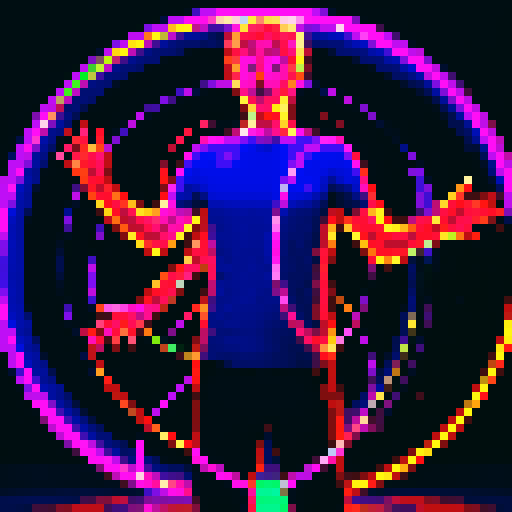 pixelated Marc Zuckerberg casting a spell, glowing lines of code swirling around him, holographic machine learning models floating in the air, vibrant colors illuminating the dark room, digital sparks flying from his fingertips