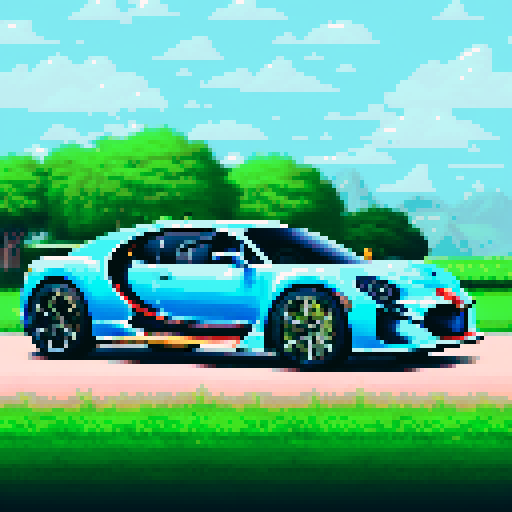 Photorealistic, centered Buggati Chiron in a three quarter view, right wheel in front, clean background, pixel art style with sRGB colors
