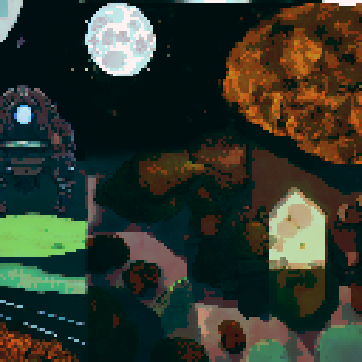 the main protagonist, gurney as seen in the bottom right is on a hill looking over a desolate area with sparse plant life up in flame. We see the back of his head, with his square jaw and a cigarette in his mouth. in the distance is a large laboratory, which has smoke coming out of it and a hole in the top. The sky is full of starts, a moon and a distant alien planet. Gurney must be present with his distinct head seen in the reference image, his green top dark brown pants
