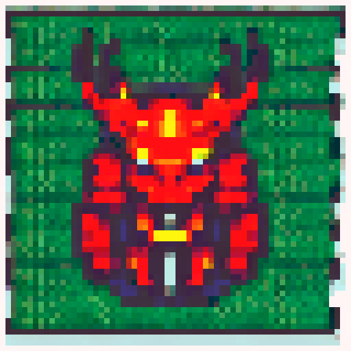 Horned devil sprite with fiery red skin, sharp claws, and a menacing grin, standing in a dynamic pose with flames swirling around it, rendered in pixel art with a 32x32 size and vibrant sRGB colors, ready to be used as a game asset