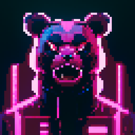 Fierce teddy bear, blade runner, cyberpunk, aetherpunk, cloudy, dark colors, neon lights