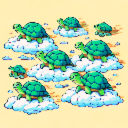 The pixelated green turtles have no choice but to flee on their clouds.