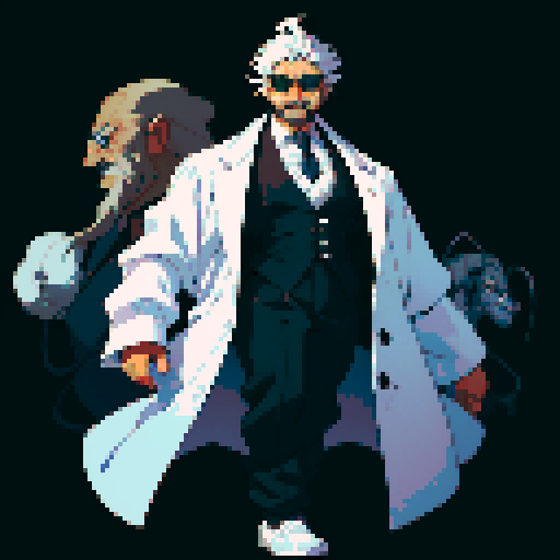 male mad scientist facing left, white mustache, lab coat, goggles, full-body image, pixel art, sRGB, no backdrop, no background