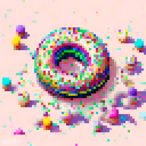 doughnut with vibrant colored icing dripping down, rainbow sprinkles on top, pixel art